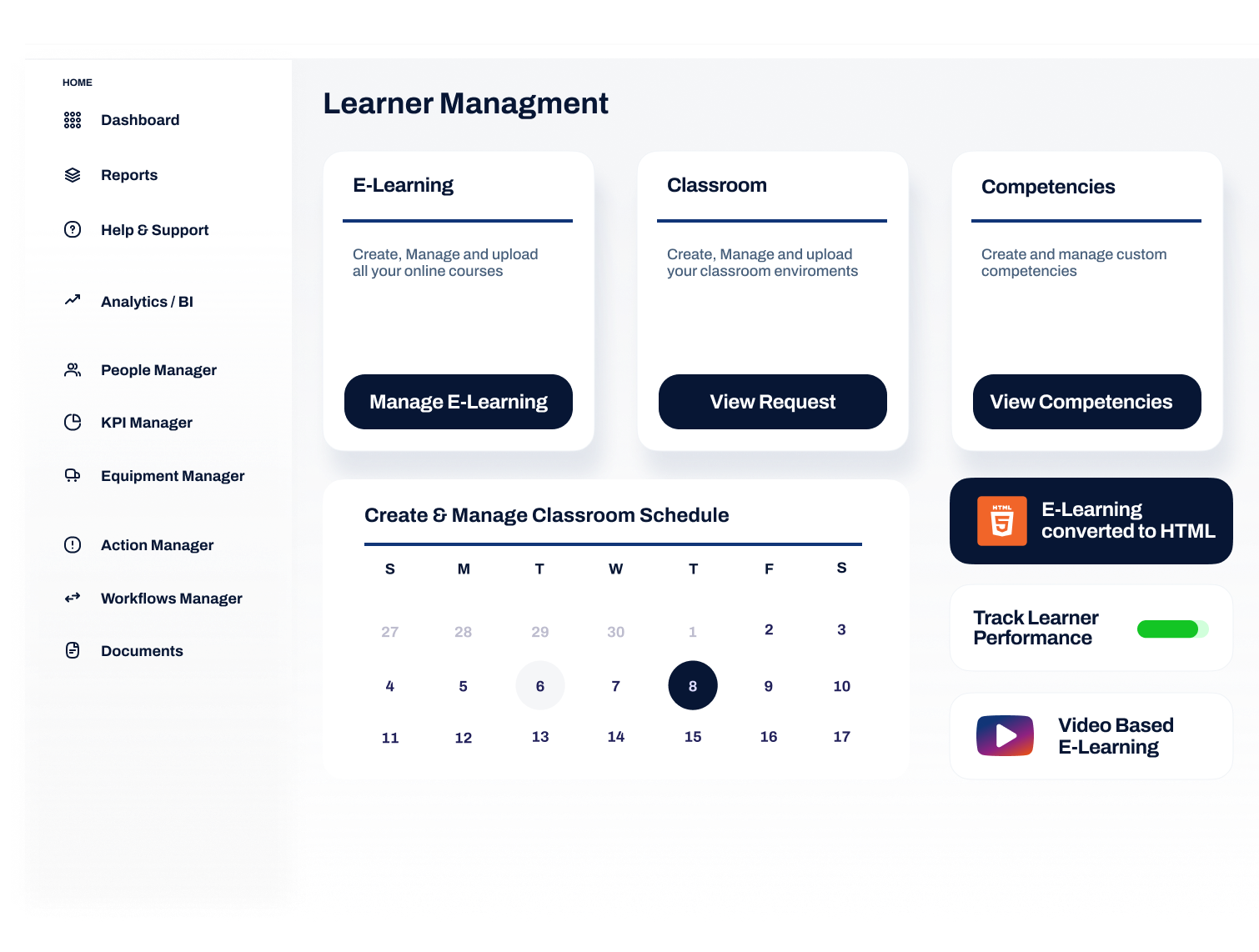 A dashboard showing a calendar that can be used to select a date to take a learning course..